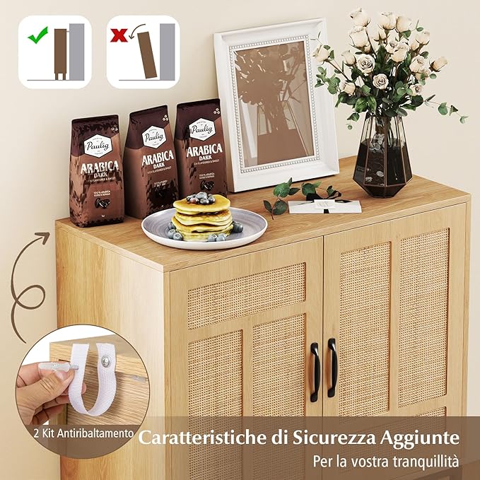 Credenza da Cucina, Armadio con 2 Ante Intrecciate in Rattan, Ripiano Regolabile a 3 Posizioni, Armadietto Boho per Cucina, Sala da Pranzo, Soggiorno e Corridoio, 80 x 38 x 81 cm (Naturale)