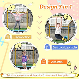 Trampolino Rettangolare per Bambini 3-in-1 190 x 124 cm, Tappetto Elastico per Bambini da Esterno ed Interno con Rete, Altalena, Barra, Copertura e Design senza Fessure