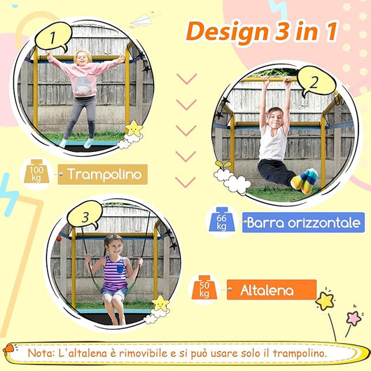 Trampolino Rettangolare per Bambini 3-in-1 190 x 124 cm, Tappetto Elastico per Bambini da Esterno ed Interno con Rete, Altalena, Barra, Copertura e Design senza Fessure