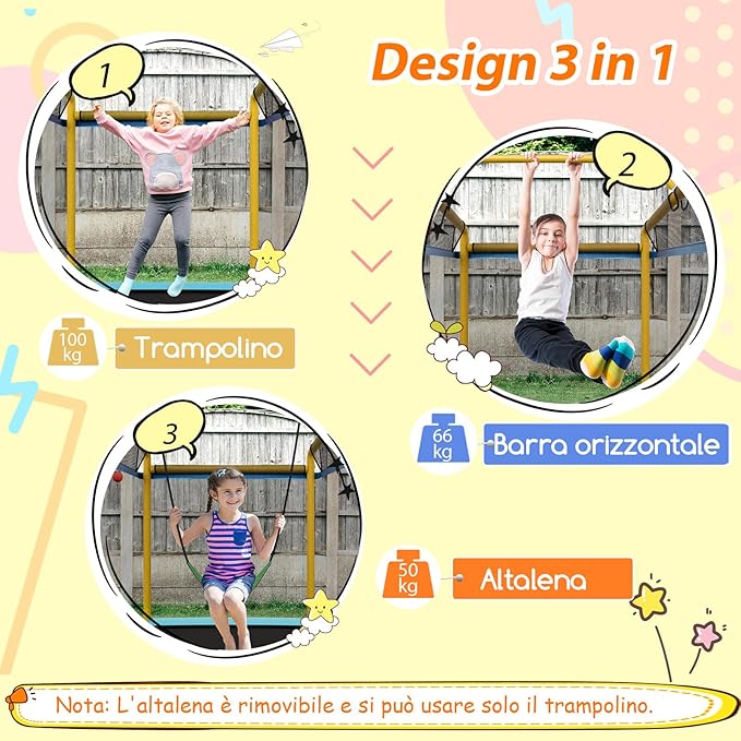 Trampolino Rettangolare per Bambini 3-in-1 190 x 124 cm, Tappetto Elastico per Bambini da Esterno ed Interno con Rete, Altalena, Barra, Copertura e Design senza Fessure
