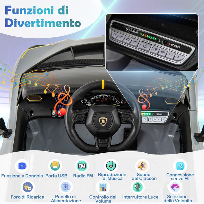12 V Lamborghini Macchina Elettrica per Bambini, Auto Elettrica Cavalcabile con Telecomando Luci Ammortizzatori a Mola, 3 Velocità, per Bambini 3-8 Anni, 2-4 Km/h (Grigio)