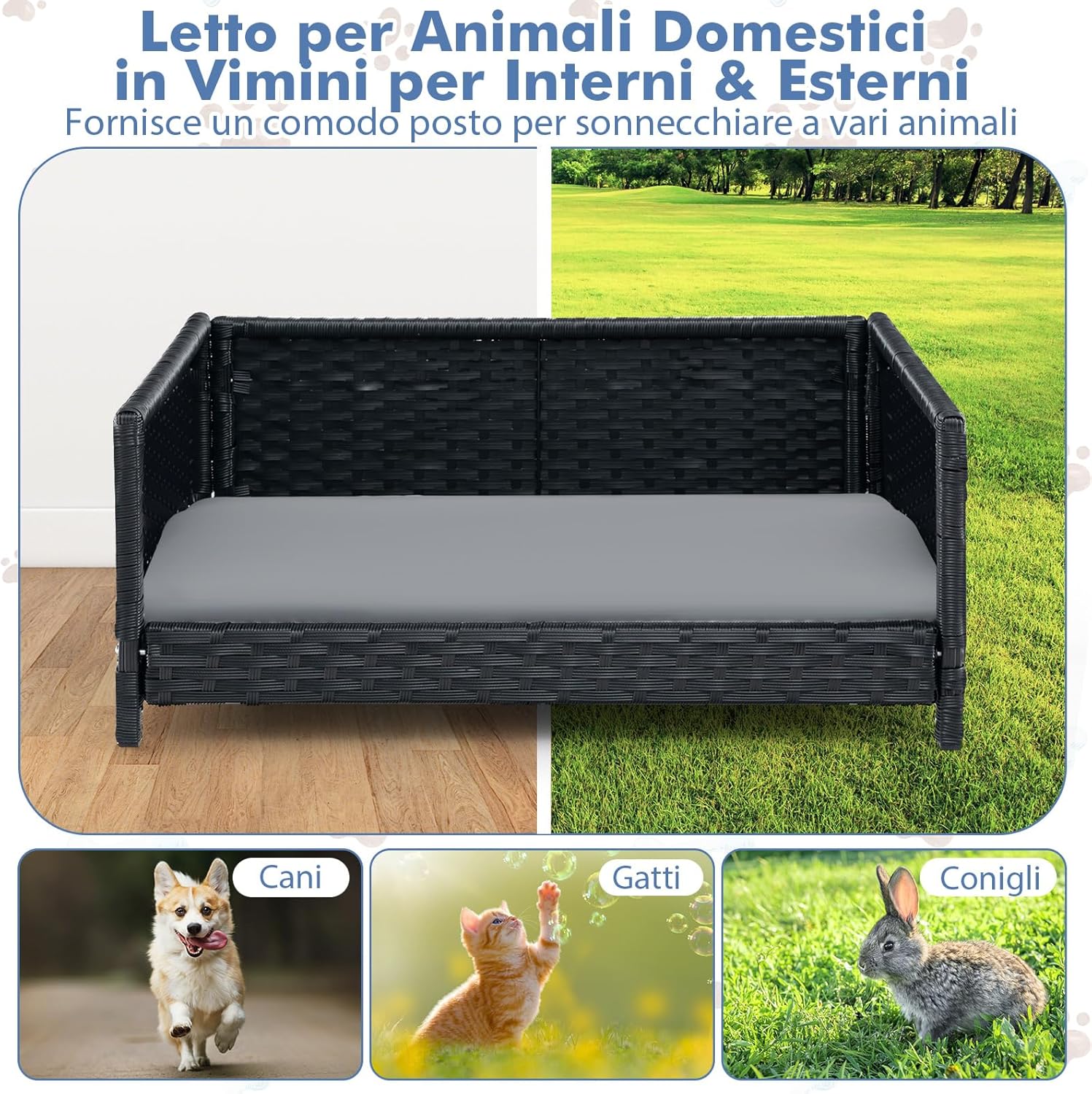 Lettini per Cani in Rattan, Cuccia Estiva per Cani con Cuscino Morbido Impermeabile, Telaio Metallico, Brandina Rialzato da Interno ed Esterno, 62 x 46 x 25 cm