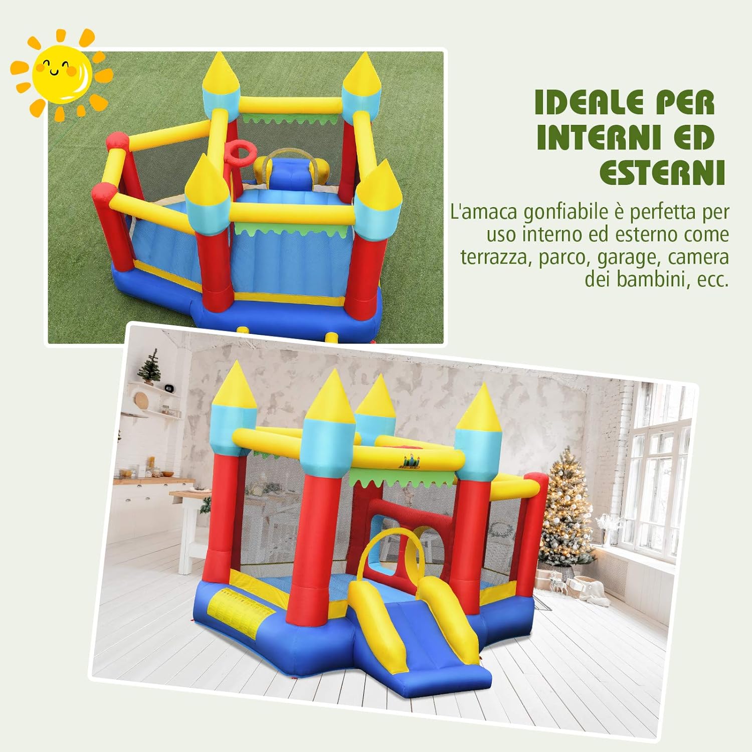 Castello Gonfiabile Per Bambini, con Scivolo, 100 Palline, Borsa di Trasporto e Kit di Riparazione, per 3 Bambini 3-10 anni, Regalo Perfetto per Bambini (con Soffiatore 450W)