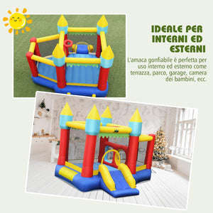 Castello Gonfiabile Per Bambini, con Scivolo, 100 Palline, Borsa di Trasporto e Kit di Riparazione, per 3 Bambini 3-10 anni, Regalo Perfetto per Bambini (con Soffiatore 450W)