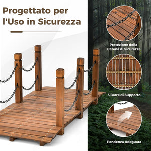 Ponte da Giardino in Legno, Ponte Decorativo con Finitura Tinta e Catena di Sicurezza, Ponte ad Arco in Legno per Giardino, Patio, Cortile e Fattoria, Carico 80 kg
