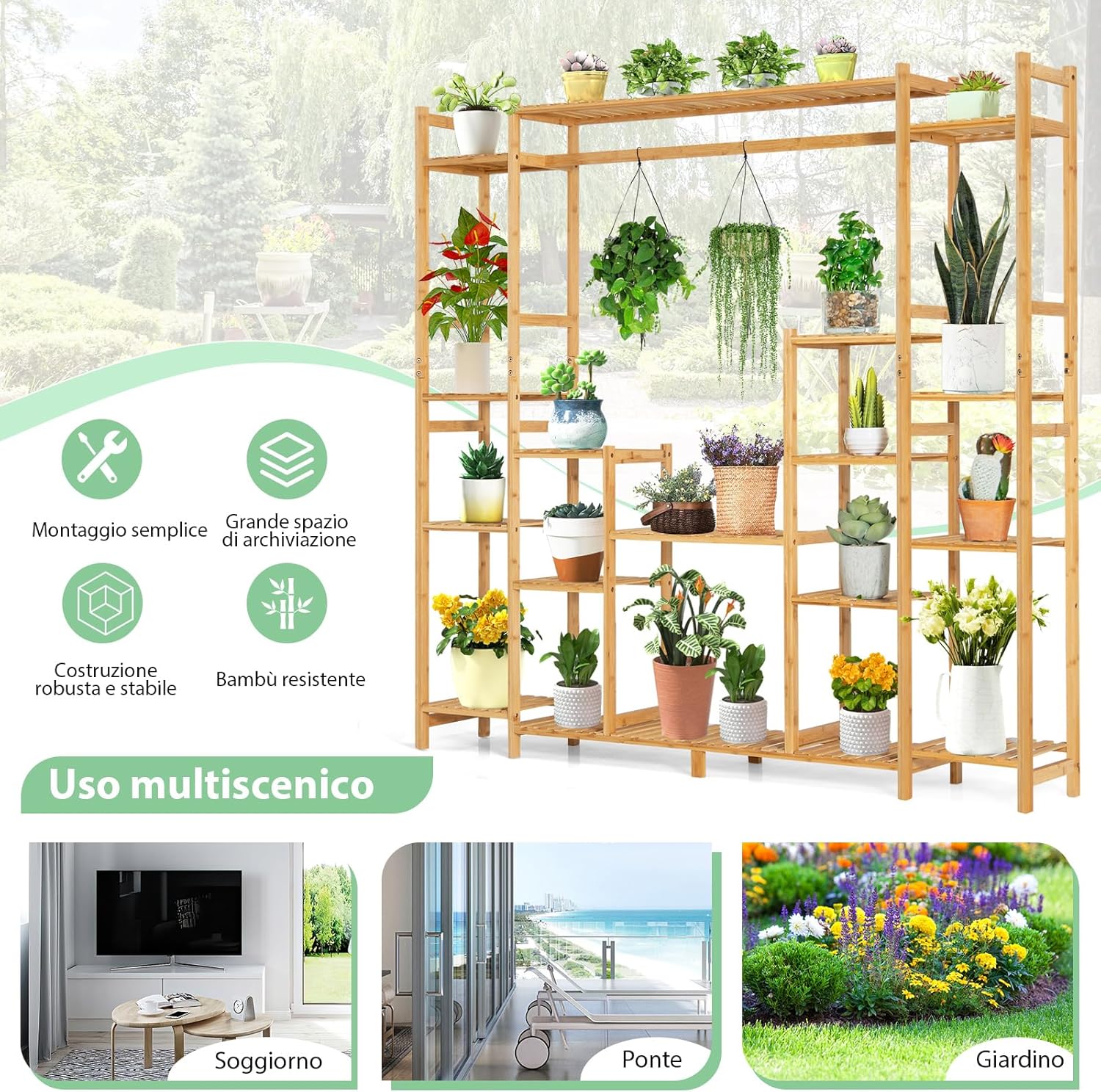 Scaffale per Piante in Bambù a 9 Livelli, Porta Fiori da Interno ed Esterno, Porta Vasi 2 in 1 con Barra e Dispositivo Antiribaltamento, 167 x 30 x 166 cm