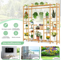 Scaffale per Piante in Bambù a 9 Livelli, Porta Fiori da Interno ed Esterno, Porta Vasi 2 in 1 con Barra e Dispositivo Antiribaltamento, 167 x 30 x 166 cm
