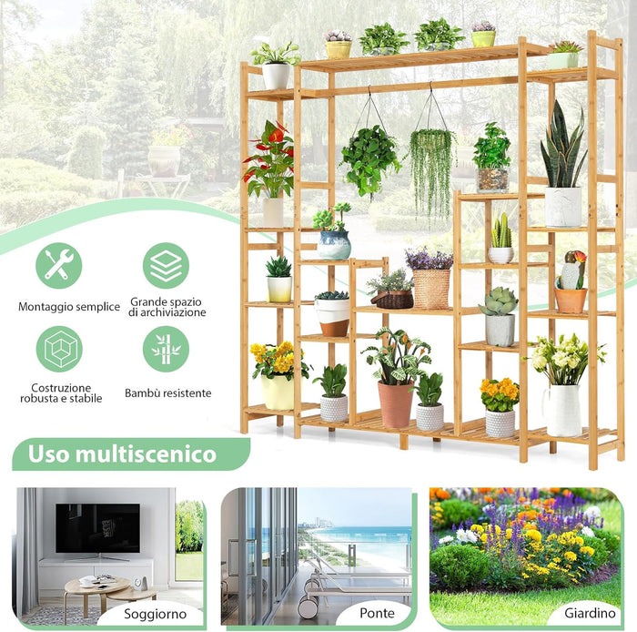 Scaffale per Piante in Bambù a 9 Livelli, Porta Fiori da Interno ed Esterno, Porta Vasi 2 in 1 con Barra e Dispositivo Antiribaltamento, 167 x 30 x 166 cm