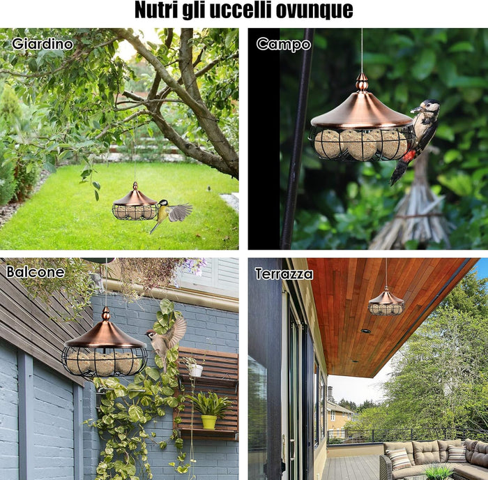Mangiatoia Uccelli per Giardino da Appendere, Interno e Esterno, in Plastica e Acciaio Inox, Forma di Lampada, 17x17x14cm
