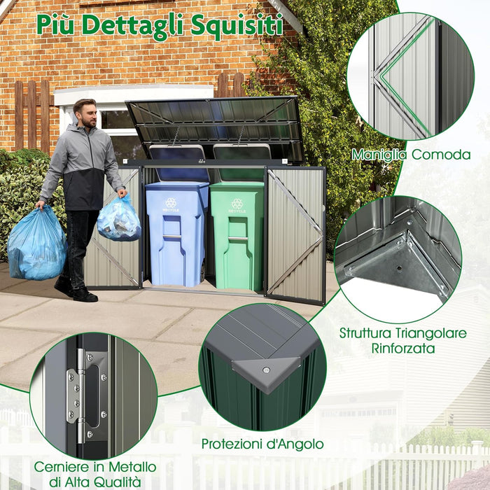 Casetta per Spazzatura Esterna, Capanno da Giardino Bloccabile con Doppie Aperture, 2 Porte e Struttura in Metallo Zincato, Ripostiglio per Patio e Cortile (Verde)