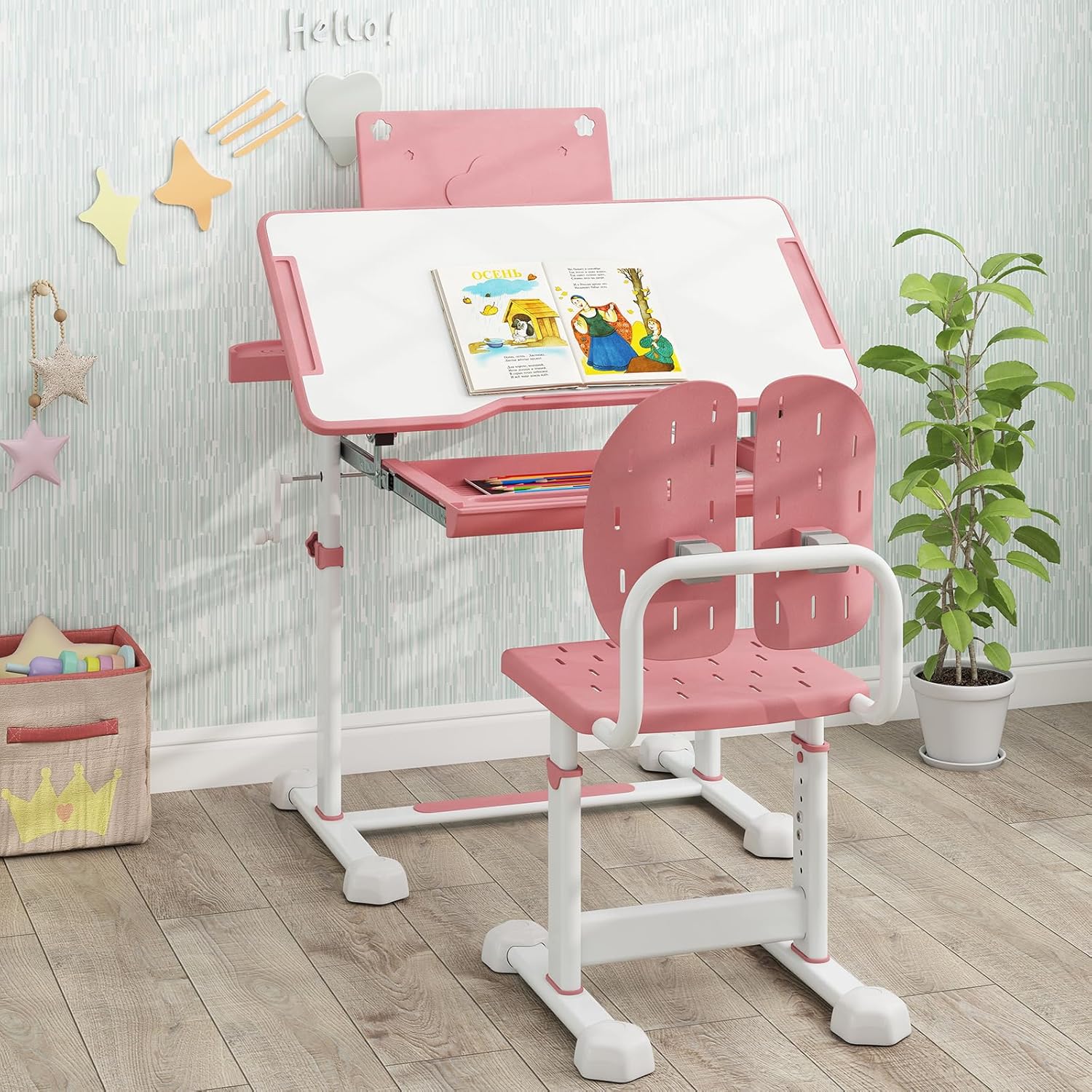 Set di Scrivania e Sedia per Bambini 3+ Anni, Scrivania Regolabile in Altezza con Piano Inclinabile, Supporto per Libri & Barra Poggiapiedi e Sedia Ergonomica, Ideale per Disegno (Rosa)