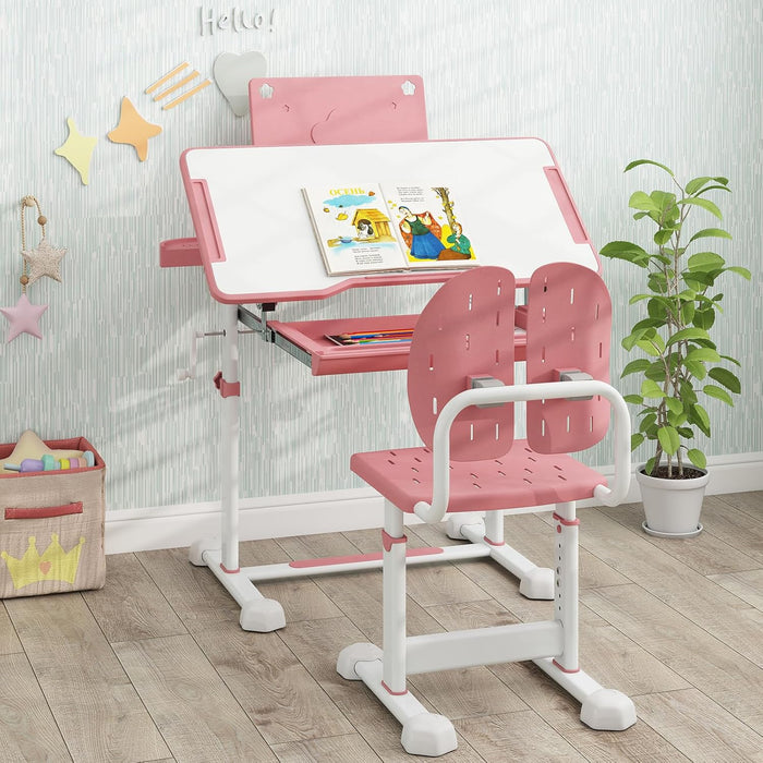 Set di Scrivania e Sedia per Bambini 3+ Anni, Scrivania Regolabile in Altezza con Piano Inclinabile, Supporto per Libri & Barra Poggiapiedi e Sedia Ergonomica, Ideale per Disegno (Rosa)
