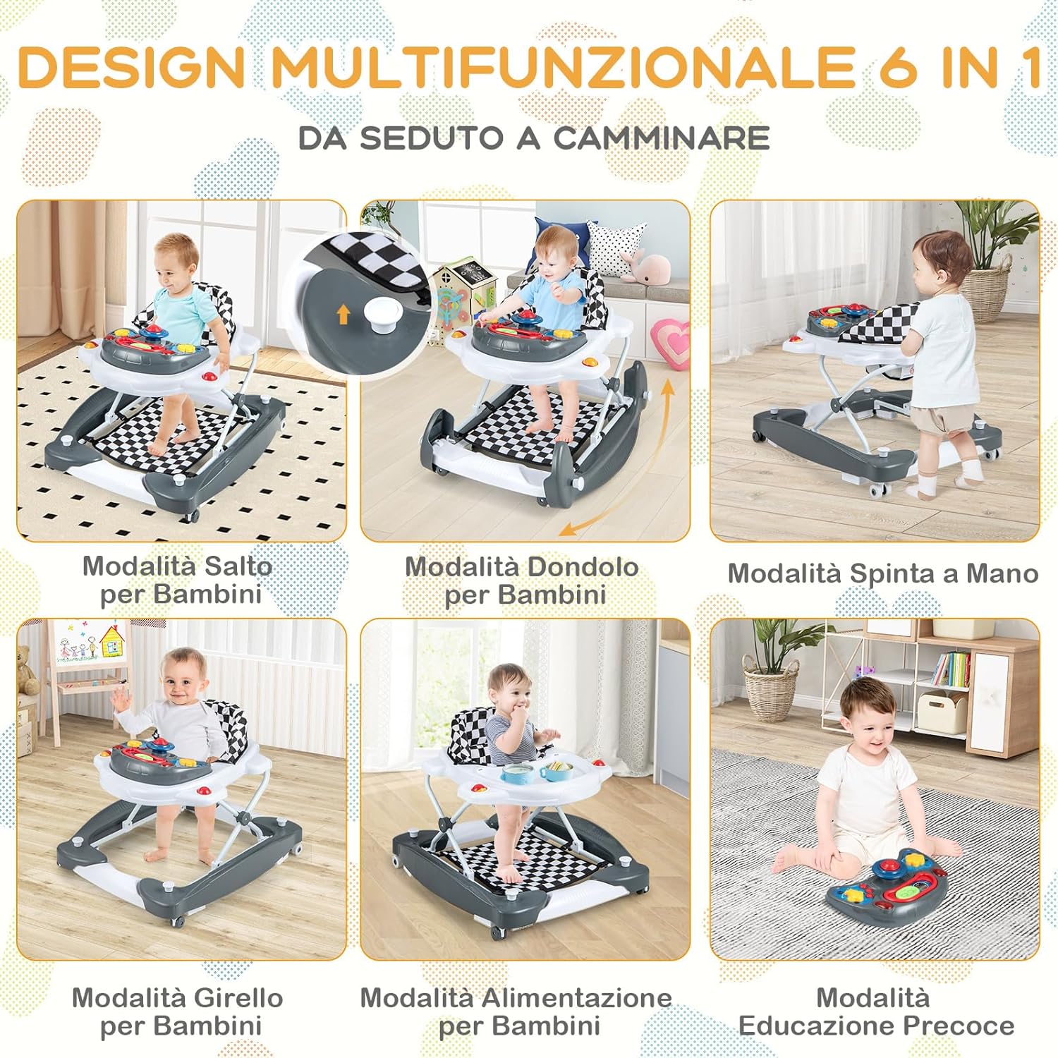 Girello per Bambini 6 in 1, Primi Passi per Neonati con Altezza Regolabile, Sedia a Dondolo per Bambini, Girello Pieghevole con Vassoio Musicale, Cuscino, per Bambini 6+ Mesi (Grigio)