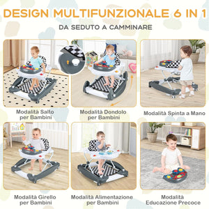 Girello per Bambini 6 in 1, Primi Passi per Neonati con Altezza Regolabile, Sedia a Dondolo per Bambini, Girello Pieghevole con Vassoio Musicale, Cuscino, per Bambini 6+ Mesi (Grigio)