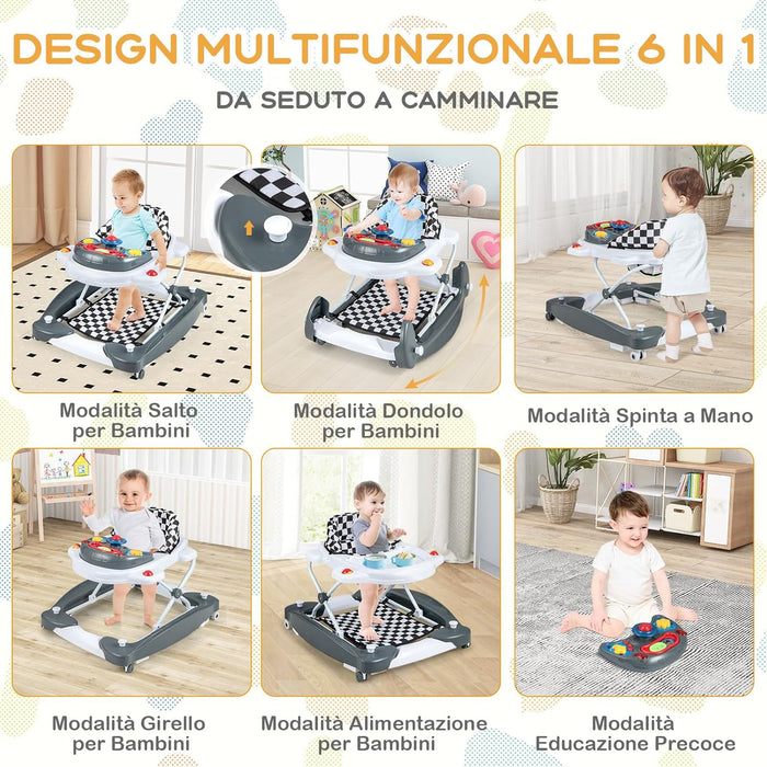Girello per Bambini 6 in 1, Primi Passi per Neonati con Altezza Regolabile, Sedia a Dondolo per Bambini, Girello Pieghevole con Vassoio Musicale, Cuscino, per Bambini 6+ Mesi (Grigio)