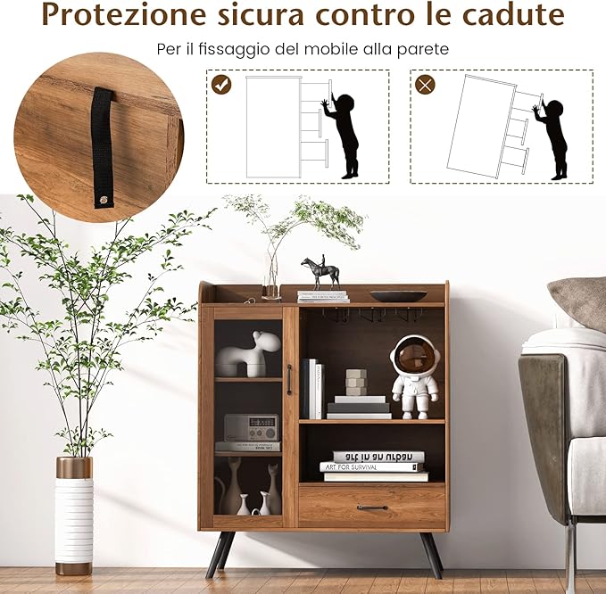 Credenza Cucina con Portabottiglie Rimovibile per 8 Vini e Porta Bicchieri, Mobile Bar in Legno con Anta e Cassetto Portaoggetti, Cantinetta Vino per Cucina, Sala da Pranzo e Soggiorno