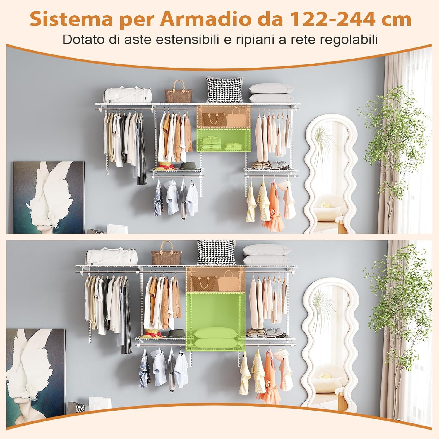 Guardaroba Parete 122-244 CM, Sistema di Organizzazione Regolabile con Asta Pendente, Appendiabiti Metallica, Sistema di Organizzazione e Stoccaggio Armadi per Camera da Letto (Bianco)