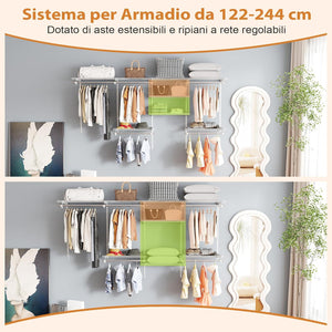 Guardaroba Parete 122-244 CM, Sistema di Organizzazione Regolabile con Asta Pendente, Appendiabiti Metallica, Sistema di Organizzazione e Stoccaggio Armadi per Camera da Letto (Bianco)