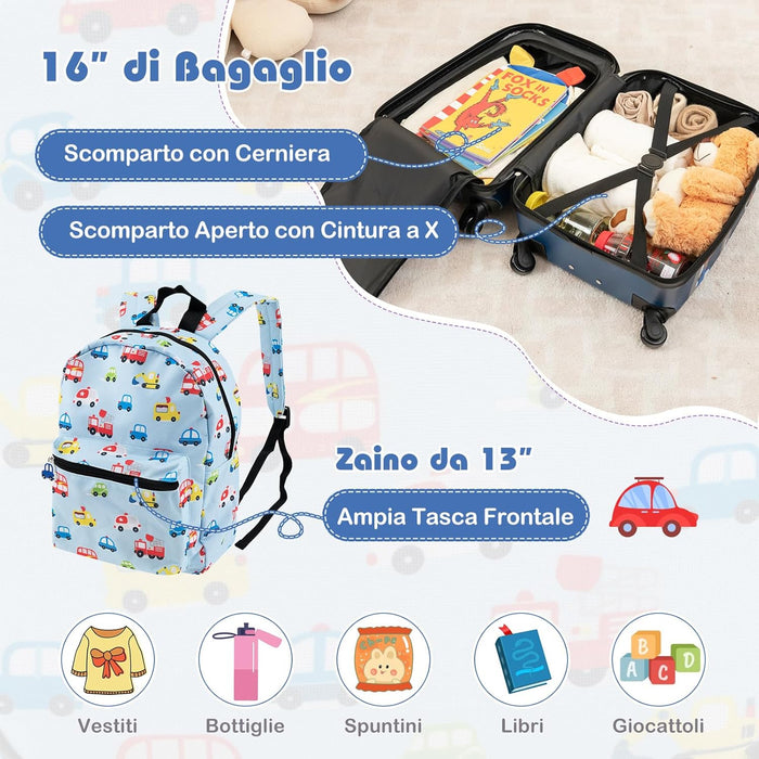 5 Pezzi Valigia per Bambini, Valigia con ManicoTelescopico da 16" con 13" Zainetto, Cuscino per Il Collo, Etichetta per Bagaglio, Borsa per Il Pranzo, con Ruote Girevoli a 360 ° (Modello 3)