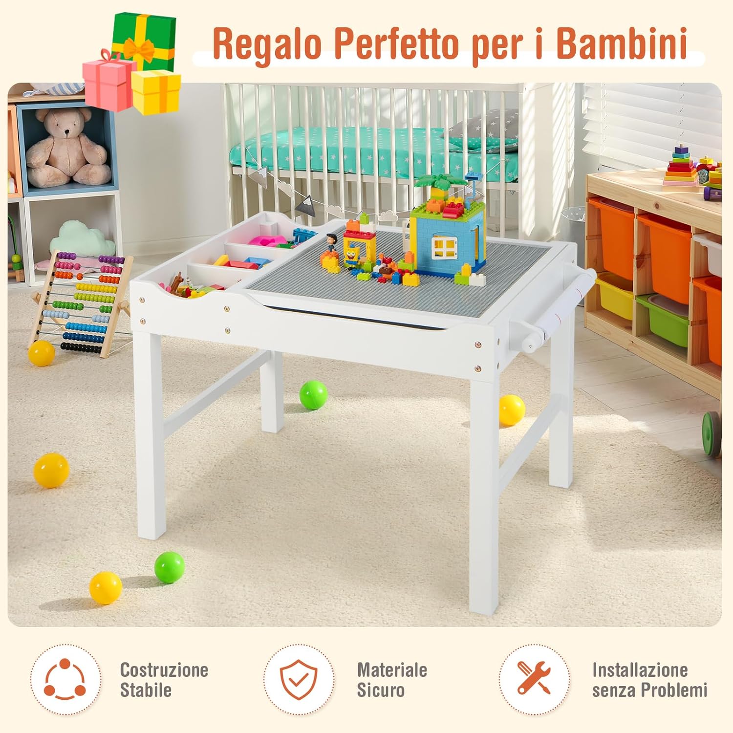 Tavolo da Gioco per Bambini in Legno con Piano Reversibile, Tavolo Multiattività Bambini 2 in 1, Porta Rotolo di Carta da Disegno, per Camera da Letto, Soggiorno (Bianco)