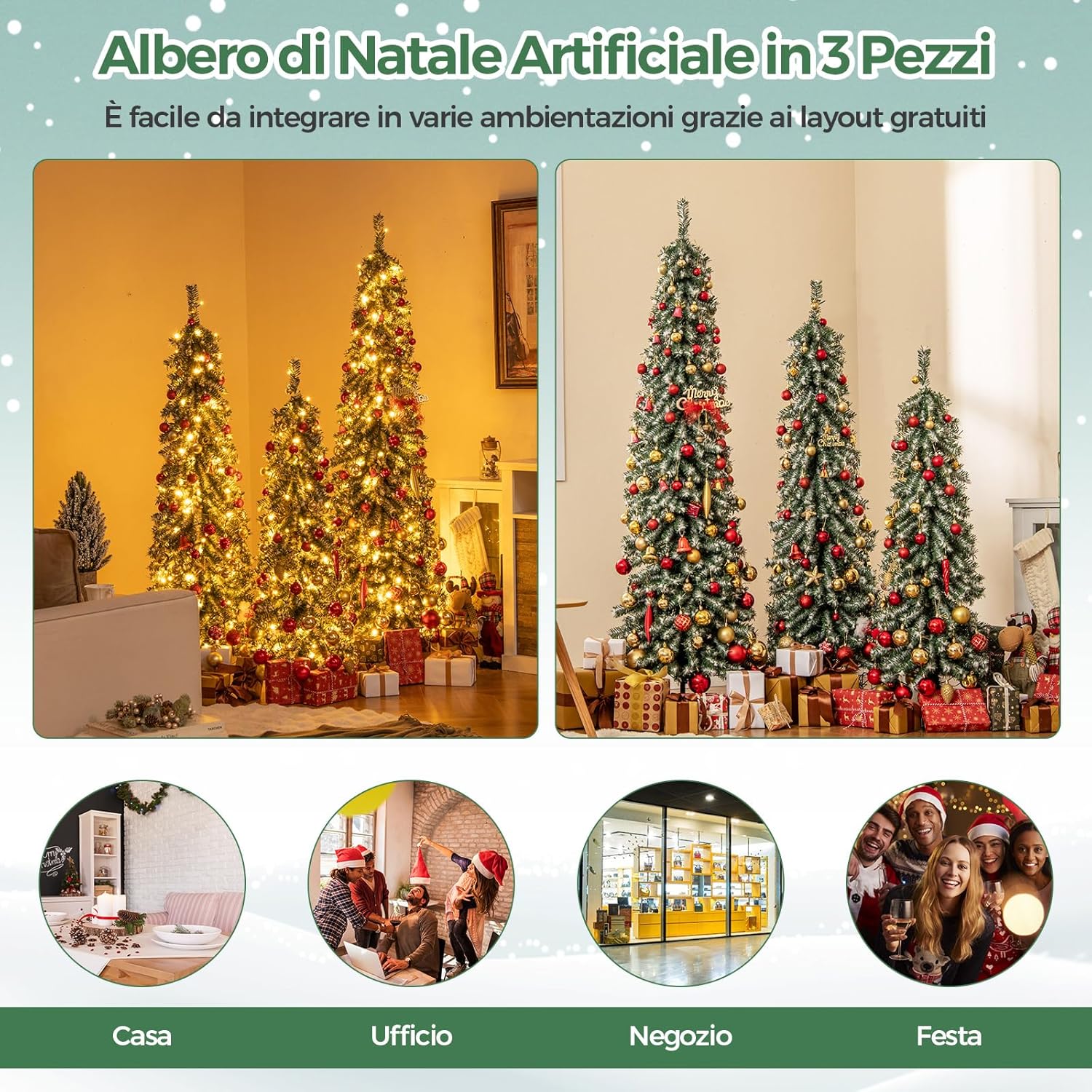 Albero di Natale Slim e Innevato con Luci 120/150 / 180 CM, Set di Alberi di Natale Artificiali Realistico con 216 & 302 & 505 Punte di Rami e 100 & 120 & 180 Luci LED