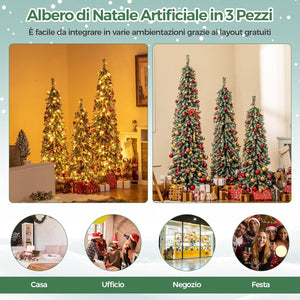 Albero di Natale Slim e Innevato con Luci 120/150 / 180 CM, Set di Alberi di Natale Artificiali Realistico con 216 & 302 & 505 Punte di Rami e 100 & 120 & 180 Luci LED