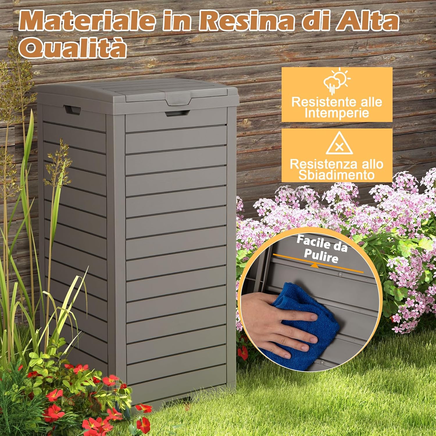 Pattumiera per Rifiuti Esterno e Interno 117,5 L, Contenitore per Raccolta Differenziata Impermeabile con Coperchio a Doppia Chiusura e Vassoio Estraibile per Liquidi (Marrone)