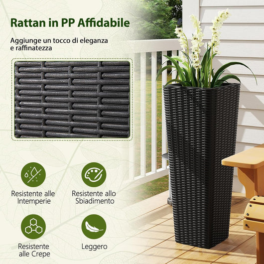 2 Vasi Alti per Piante da Interno ed Esterno, Grandi Fioriere in Rattan con Vassoi Interni Rimovibili, Fori di Drenaggio, Fioriere Decorative per Giardino, Cortile e Balcone (Nero)