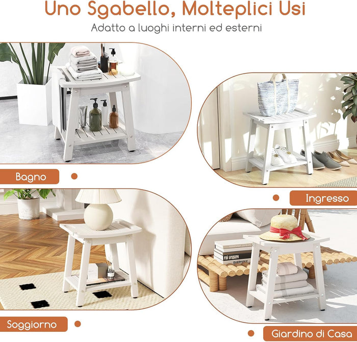Sgabello da Doccia 41 x 31,5 x 43,5 cm, Mobile bagno in HIPS con Maniglia, Supporto per Soffione e Portasapone, Sedia da Doccia Impermeabile per Bagno, Spa e Vasca