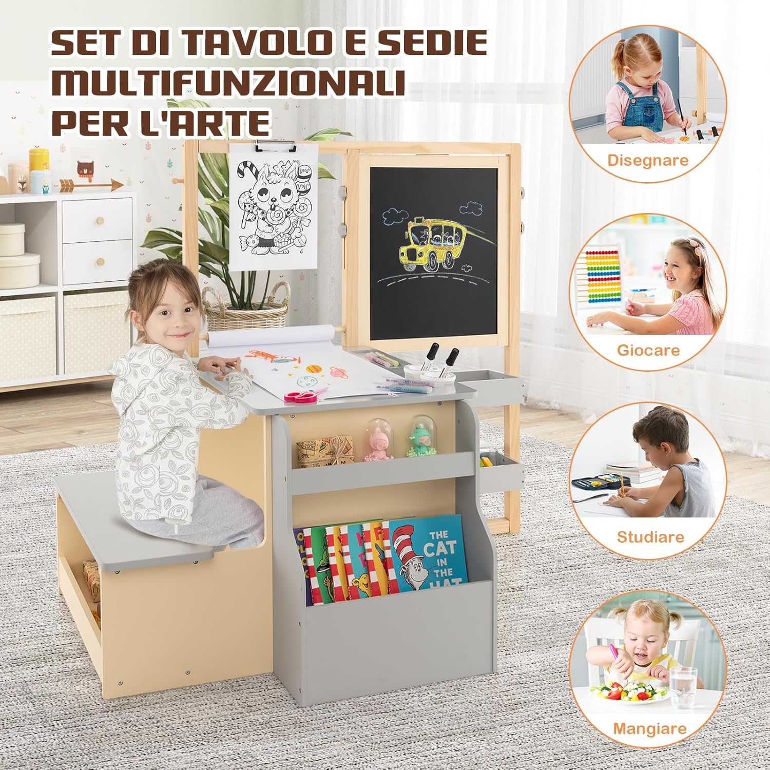 Set 3 in 1 Tavolo e Sedie per Bambini 3+ Anni, Tavolo in Legno Sicuro con Lavagna Cancellabile, Magnetica, Cavalletto Regolabile, Libreria e Accessori Artistici, per Disegno (Grigio)