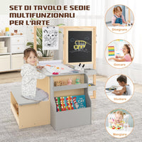 Set 3 in 1 Tavolo e Sedie per Bambini 3+ Anni, Tavolo in Legno Sicuro con Lavagna Cancellabile, Magnetica, Cavalletto Regolabile, Libreria e Accessori Artistici, per Disegno (Grigio)