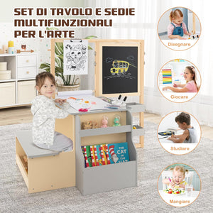 Set 3 in 1 Tavolo e Sedie per Bambini 3+ Anni, Tavolo in Legno Sicuro con Lavagna Cancellabile, Magnetica, Cavalletto Regolabile, Libreria e Accessori Artistici, per Disegno (Grigio)