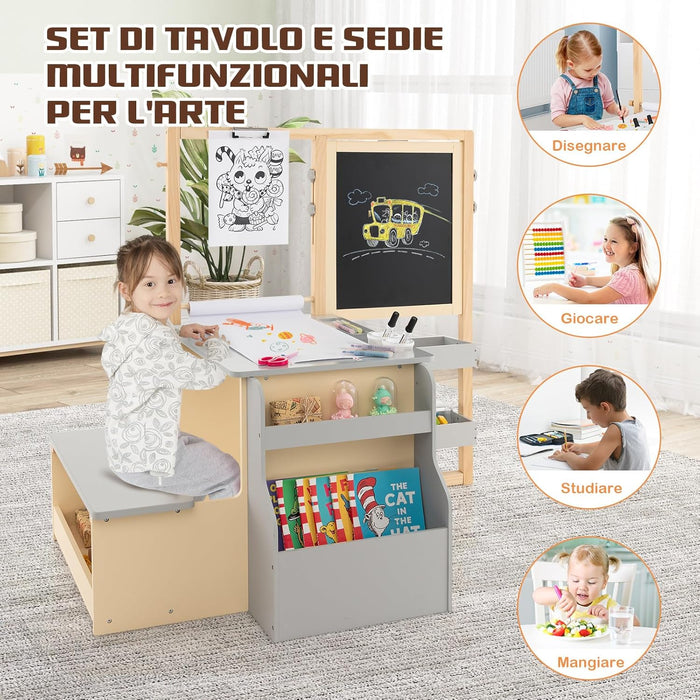 Set 3 in 1 Tavolo e Sedie per Bambini 3+ Anni, Tavolo in Legno Sicuro con Lavagna Cancellabile, Magnetica, Cavalletto Regolabile, Libreria e Accessori Artistici, per Disegno (Grigio)