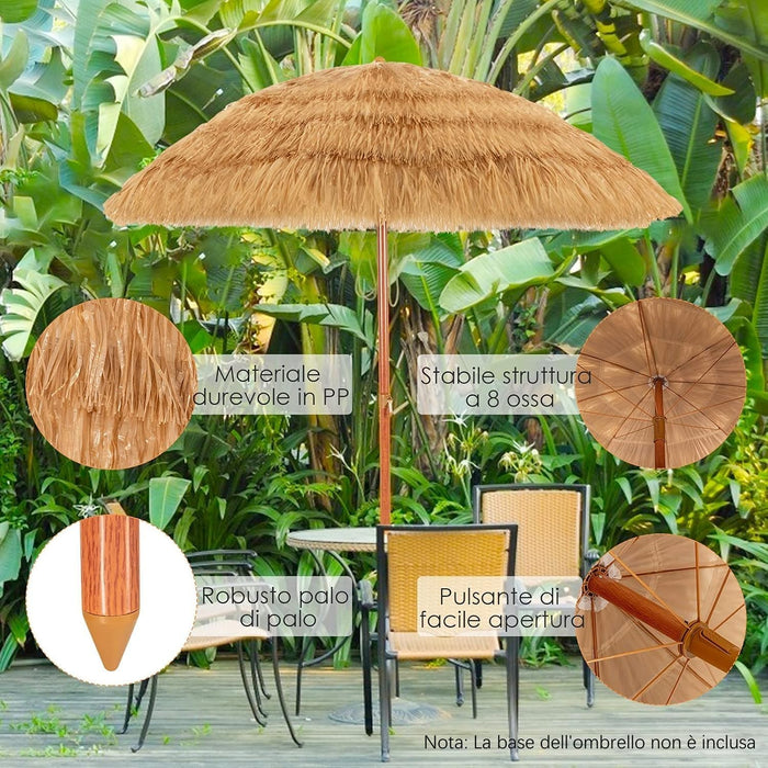 Ombrellone di Paglia 200 cm (Diametro Interno 175 cm), Ombrellone da Spiaggia Pieghevole, Parasole Hawaiano con Inclinabile in Metallo, Spiaggia e Balcone (Naturale)