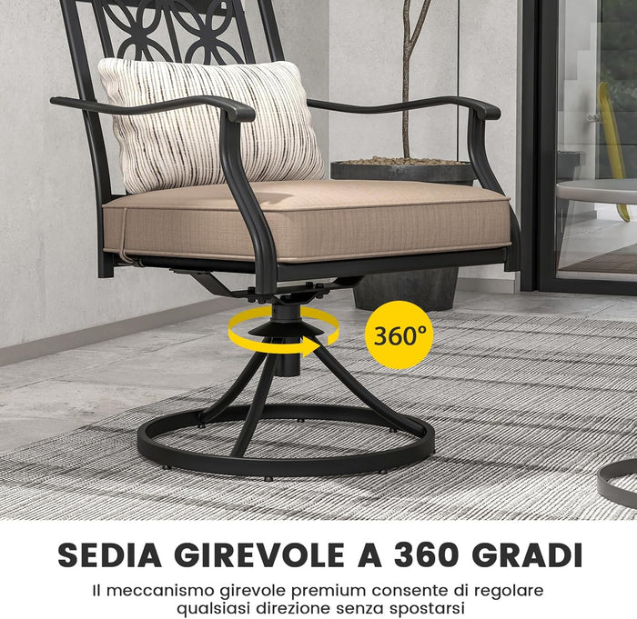 Sedie Girevoli per Giardino, Set di 2 Sedie da Esterno con Telaio in Metallo Resistente, Cuscino Morbido, Schienale a Motivo Floreale, Sedia Girevole per Giardino e Balcone