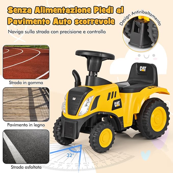 Trattore Cavalcabile per Bambini, Trattore Scorrevole con Rimorchio Staccabile Pala e Rastrello, 6 Ruote Suono e Luci, Ideale per Bambini 1,5-3 Anni