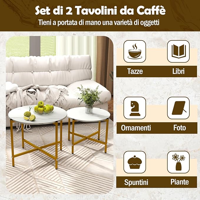 Set di Tavolini da Caffè Rotondi da 2 Pezzi, Tavolini Impilabili con Struttura in Metallo Robusta e Piedini, Ideale per Soggiorno, Ufficio e Balcone
