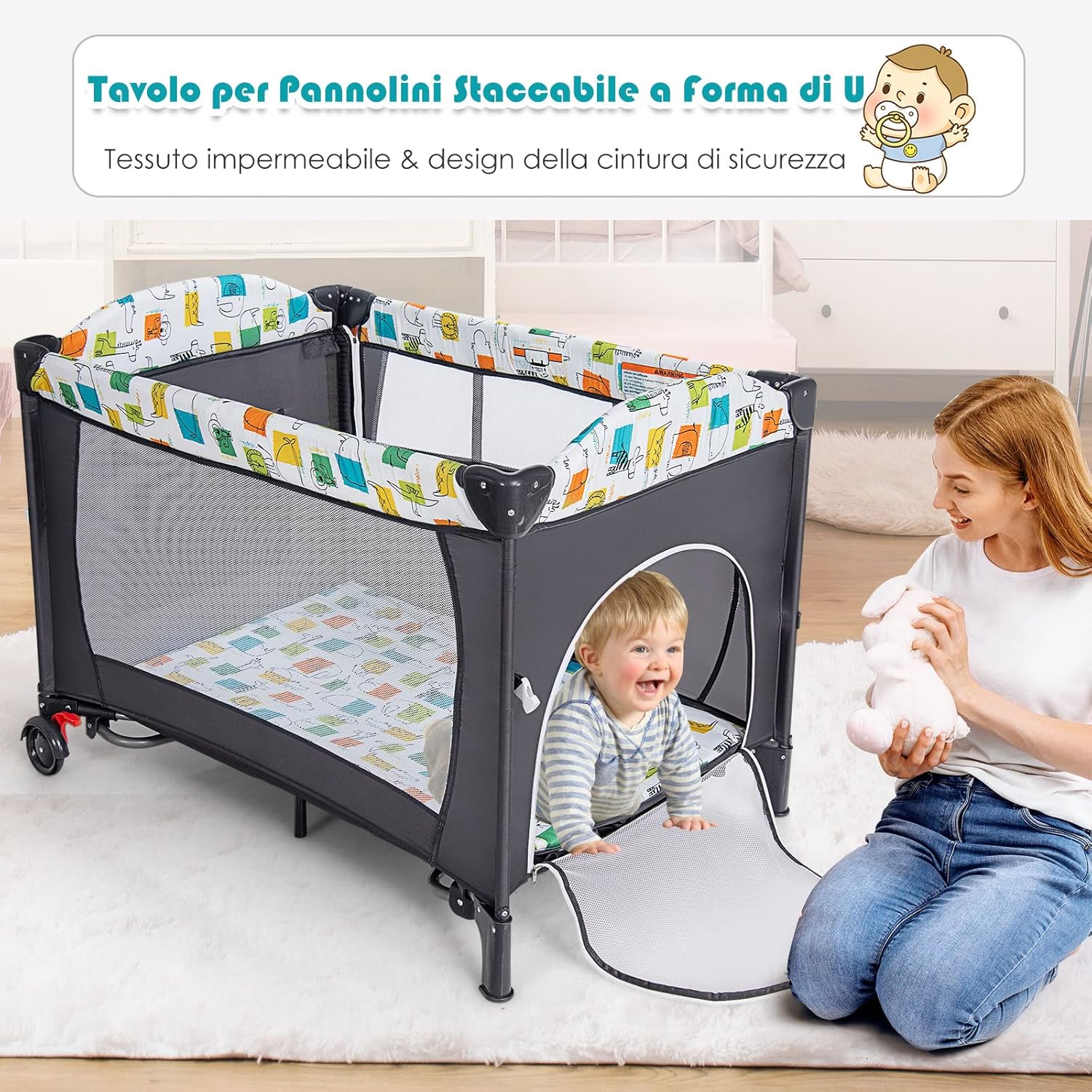 5 in 1 Lettino da Campeggio per Bambini, Lettino con Materasso per Neonato, Culla da Viaggio con Fasciatoio, Altezza Regolabile, Ruote con Freno, per Bambini 0-36 Mesi (Grigio)
