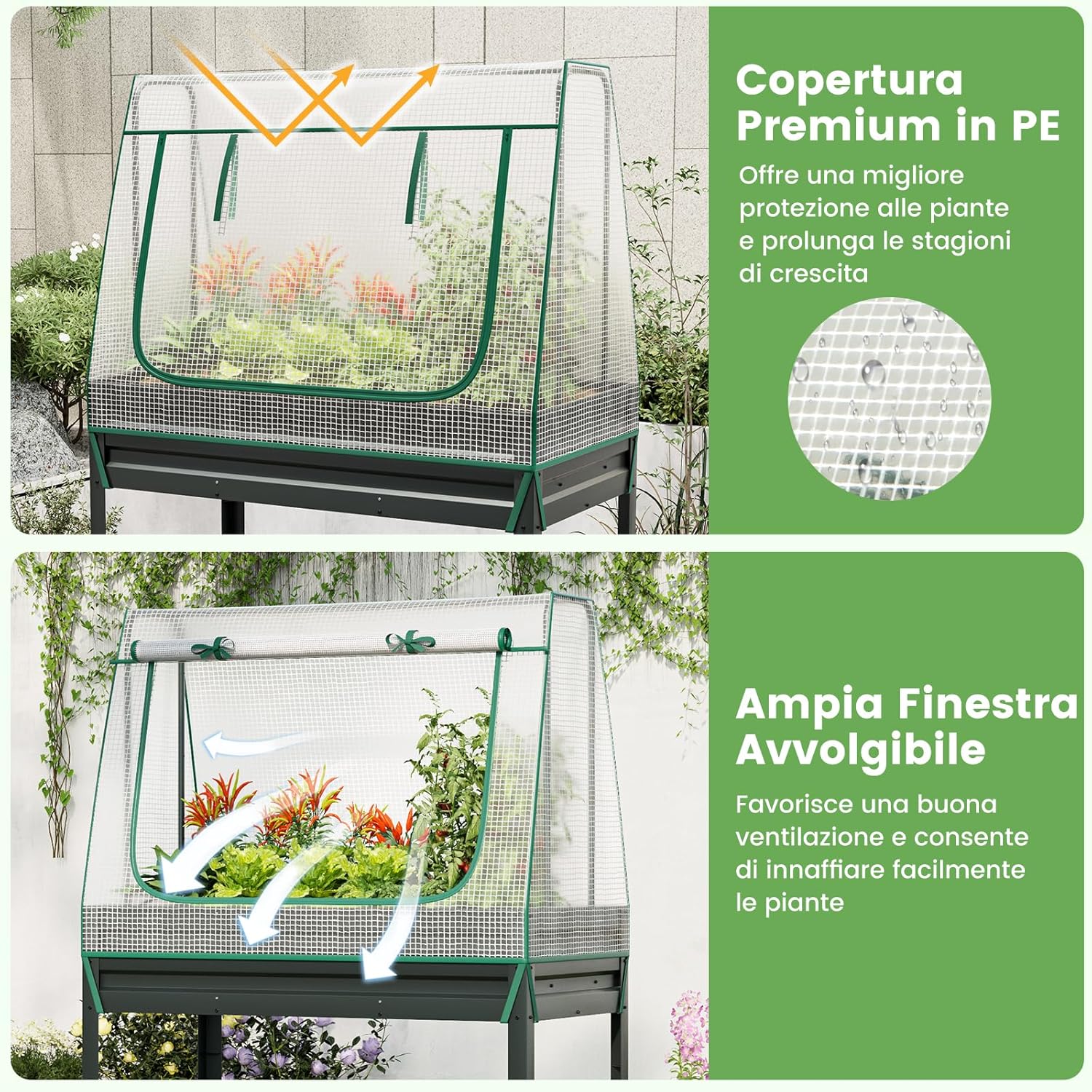 Letto per Orto in Cassetta con Serra da Giardino, Fioriera Rialzata da Giardino in Acciaio Zincato e PE, Aiuola Rialzata con Fori di Drenaggio da Esterno, 115 x 60 x 150 cm, Grigio