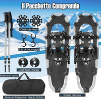 Ciaspole da Neve 4 in 1 per Uomini, Donne e Ragazzi per Scarpe 35-45 in Alluminio con Sistema di Perno Flessibile Doppio, Bastoncini Regolabili e Borsa, Adatte per 30-130 kg