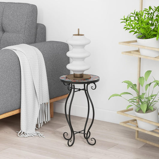 Tavolino per Esterno ed Interno, Tavolino Rotondo con Piano in Piastrelle di Ceramica e Attraenti Motivi, Tavolino Porta Piant per Cortile, Giardino e Salotto