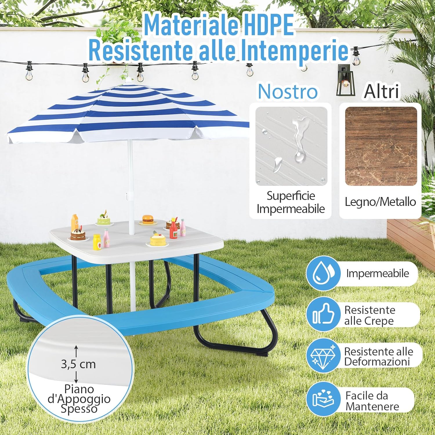 Tavolo da Picnic per Bambini con 8 Posti 125 × 125 × 100-160 cm, Tavolino Bambini in HDPE con Ombrellone Regolabile e Pieghevole, Struttura in Metallo e 4 Panchine (tavolo bianco)