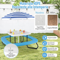 Tavolo da Picnic per Bambini con 8 Posti 125 × 125 × 100-160 cm, Tavolino Bambini in HDPE con Ombrellone Regolabile e Pieghevole, Struttura in Metallo e 4 Panchine (tavolo bianco)