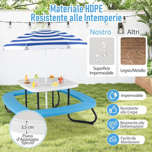 Tavolo da Picnic per Bambini con 8 Posti 125 × 125 × 100-160 cm, Tavolino Bambini in HDPE con Ombrellone Regolabile e Pieghevole, Struttura in Metallo e 4 Panchine (tavolo bianco)