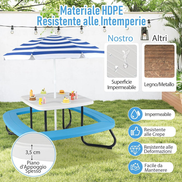 Tavolo da Picnic per Bambini con 8 Posti 125 × 125 × 100-160 cm, Tavolino Bambini in HDPE con Ombrellone Regolabile e Pieghevole, Struttura in Metallo e 4 Panchine (tavolo bianco)