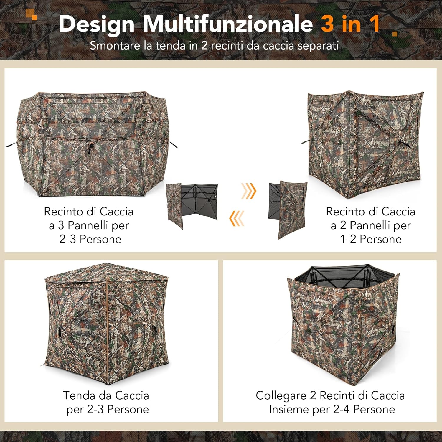 Tenda da Caccia 5 in 1 per 2-3 Persone, Tenda Mimetica a Visione a 360° per Caccia, Tenda Pop-Up Camouflage con Borsa da Trasporto, Attrezzatura Caccia Funzione da Recinto, 148 x 148 x 164 cm