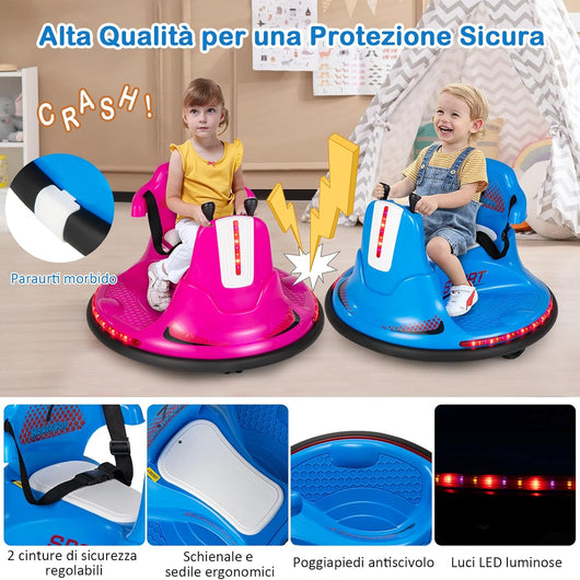 6V Autoscontro Elettrico per Bambini, Veicolo Elettrico con Telecomando, Girevole a 360°, Luci LED Colorate e Cintura di Sicurezza Regolabile, 37-95 Mesi (Blu)