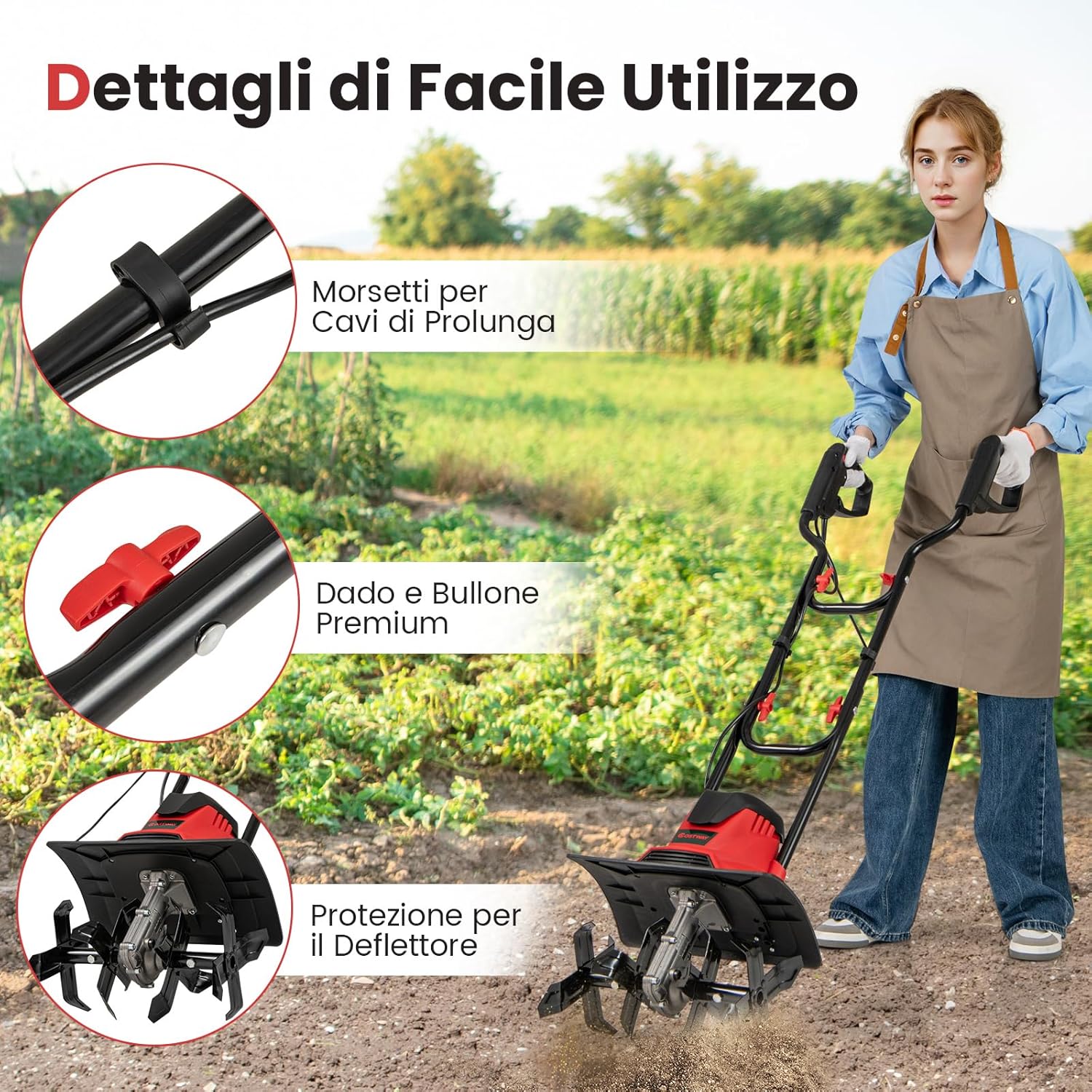 Motozappa Elettrica a Filo, Zappatrice da Giardino con Manico Ergonomico e Motore Forte, Motocoltivatore Pieghevole per Scavare Terreno del Prato (36,5 x 24 x 138 cm,Rosso)