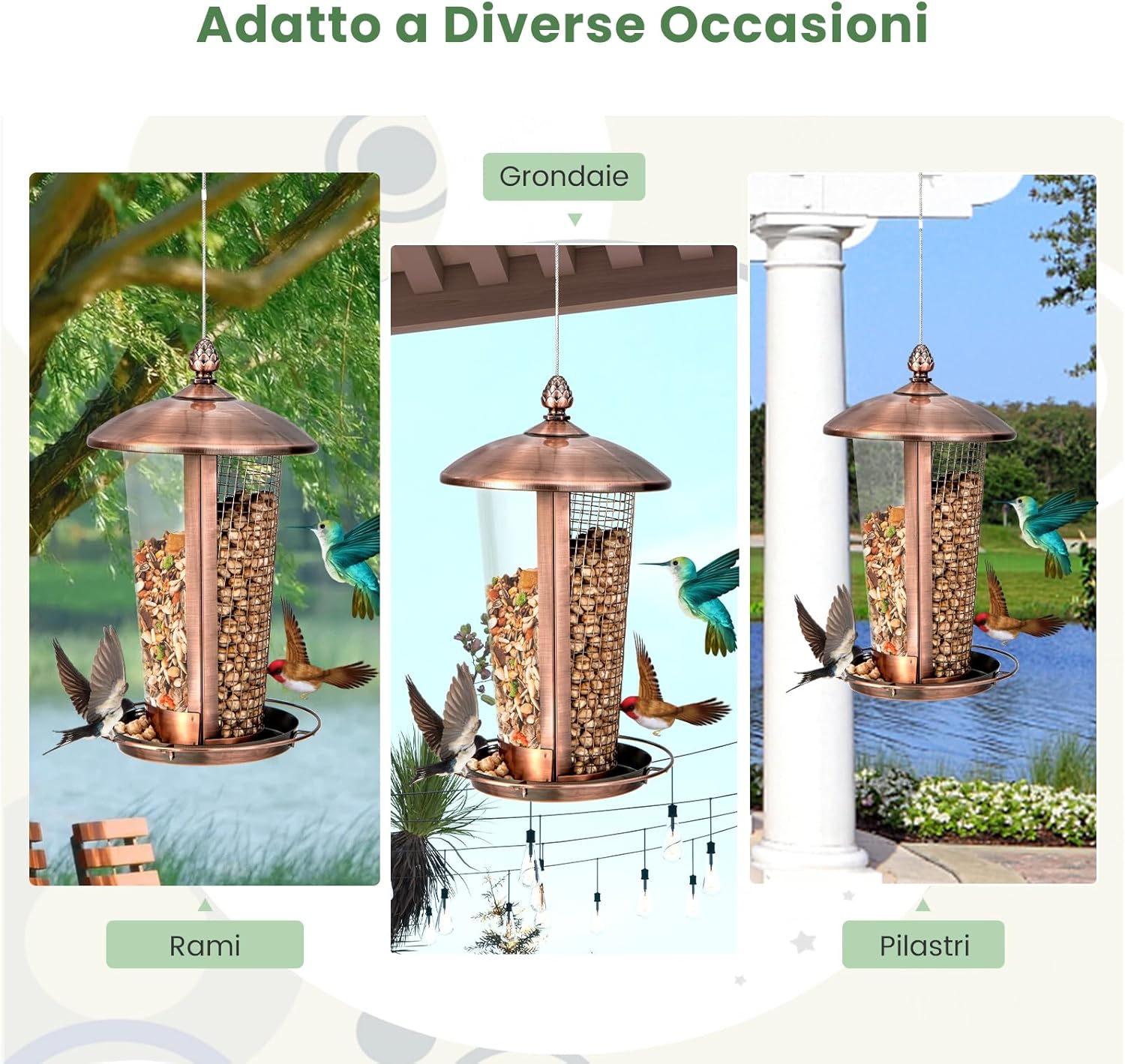 2 in 1 Mangiatoia per Uccelli con 2 Tubi, Mangiatoia per Uccelli da Appendere all'Aperto in Metallo Resistente alle Intemperie, Decorazione per Giardino e Portico