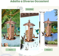 2 in 1 Mangiatoia per Uccelli con 2 Tubi, Mangiatoia per Uccelli da Appendere all'Aperto in Metallo Resistente alle Intemperie, Decorazione per Giardino e Portico